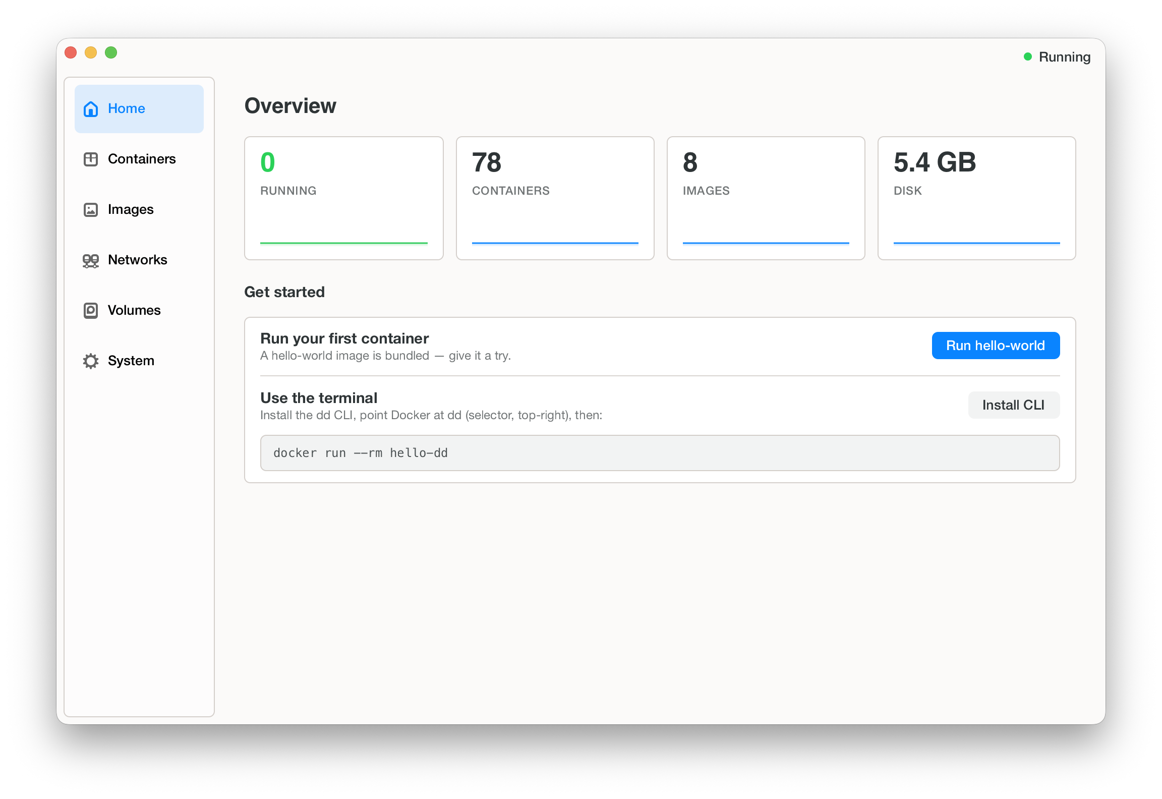 The dd macOS app — Overview dashboard: running, containers, images and disk stats with a Get-started panel